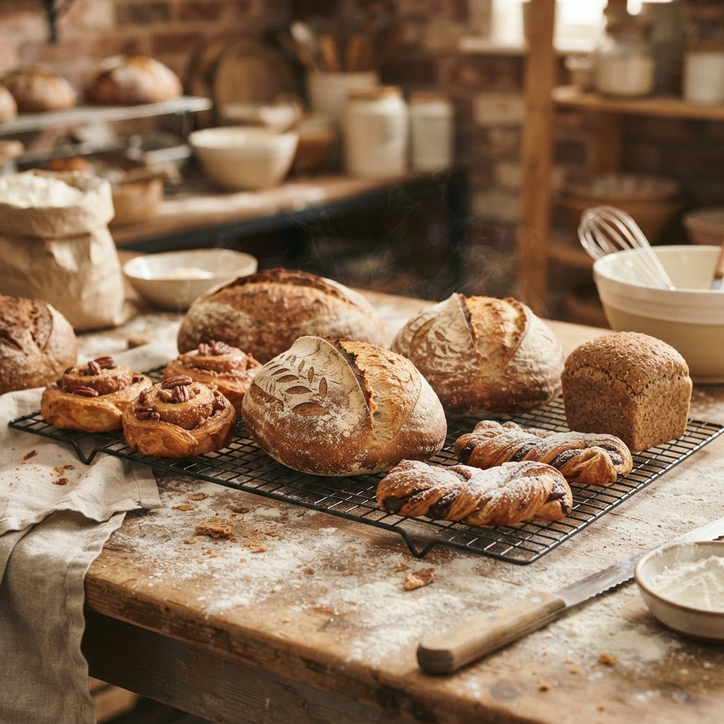 Freshly baked bread loaves cooling on a rack at Bouwmeesters Bakery