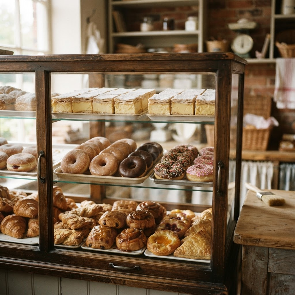 A bakery display cabinet filled with vanilla slices, doughnuts and sweet pastries